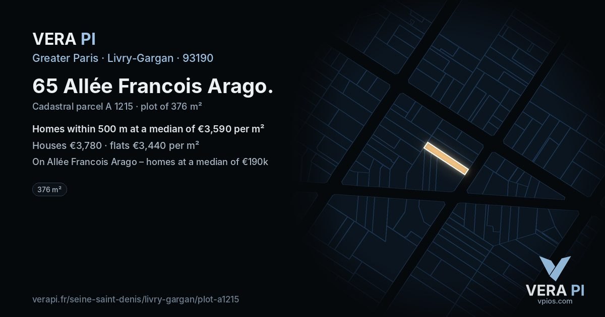 65 Allée Francois Arago, Livry-Gargan at night – the plot lit, the parcels around coloured by the prices near them