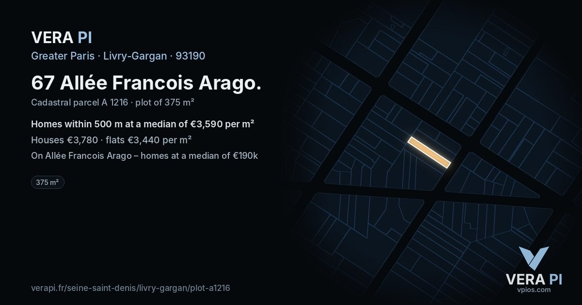 67 Allée Francois Arago, Livry-Gargan at night – the plot lit, the parcels around coloured by the prices near them