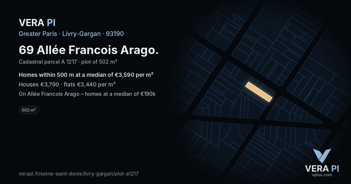 69 Allée Francois Arago, Livry-Gargan at night – the plot lit, the parcels around coloured by the prices near them