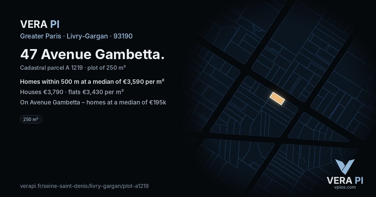 47 Avenue Gambetta, Livry-Gargan at night – the plot lit, the parcels around coloured by the prices near them
