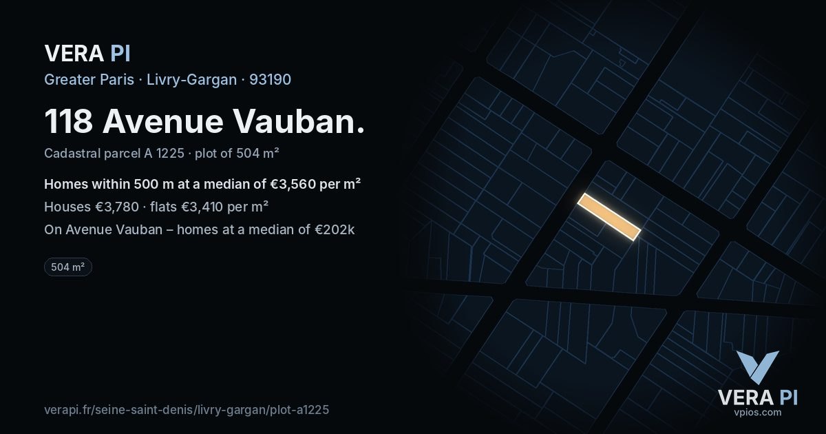 118 Avenue Vauban, Livry-Gargan at night – the plot lit, the parcels around coloured by the prices near them