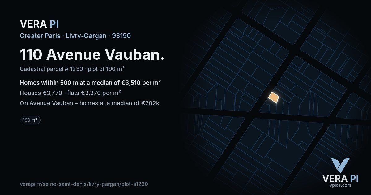 110 Avenue Vauban, Livry-Gargan at night – the plot lit, the parcels around coloured by the prices near them