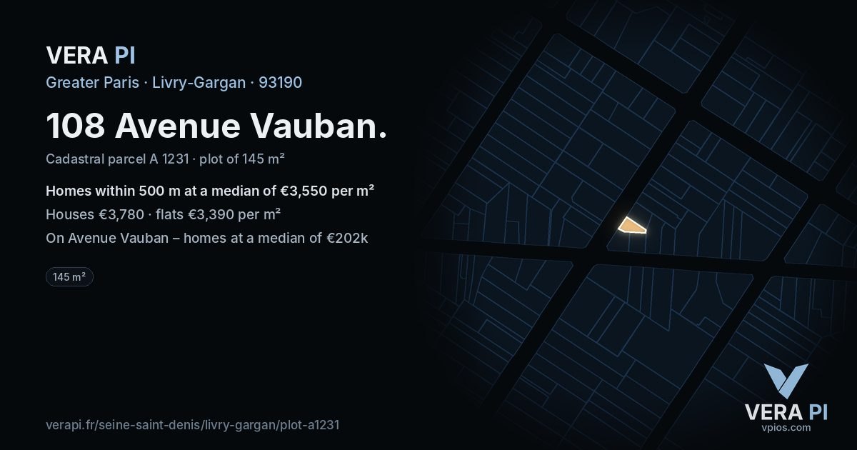 108 Avenue Vauban, Livry-Gargan at night – the plot lit, the parcels around coloured by the prices near them