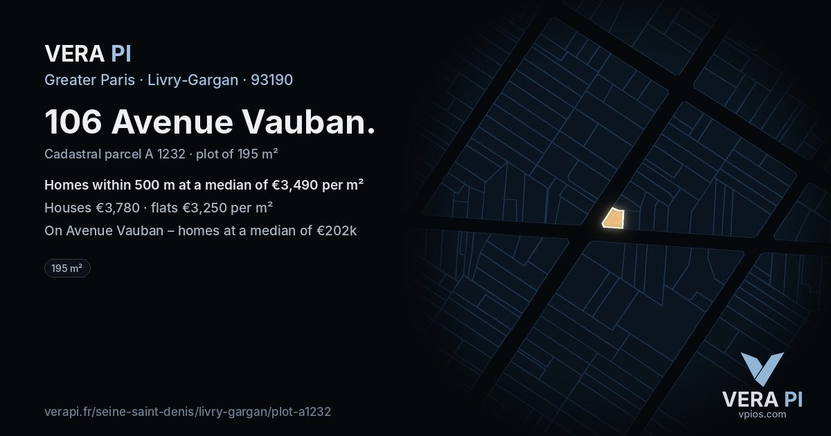 106 Avenue Vauban, Livry-Gargan at night – the plot lit, the parcels around coloured by the prices near them