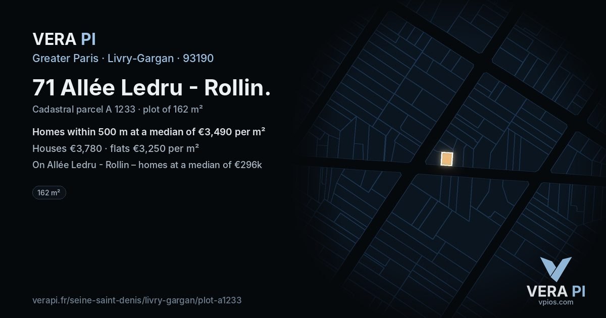 71 Allée Ledru - Rollin, Livry-Gargan at night – the plot lit, the parcels around coloured by the prices near them