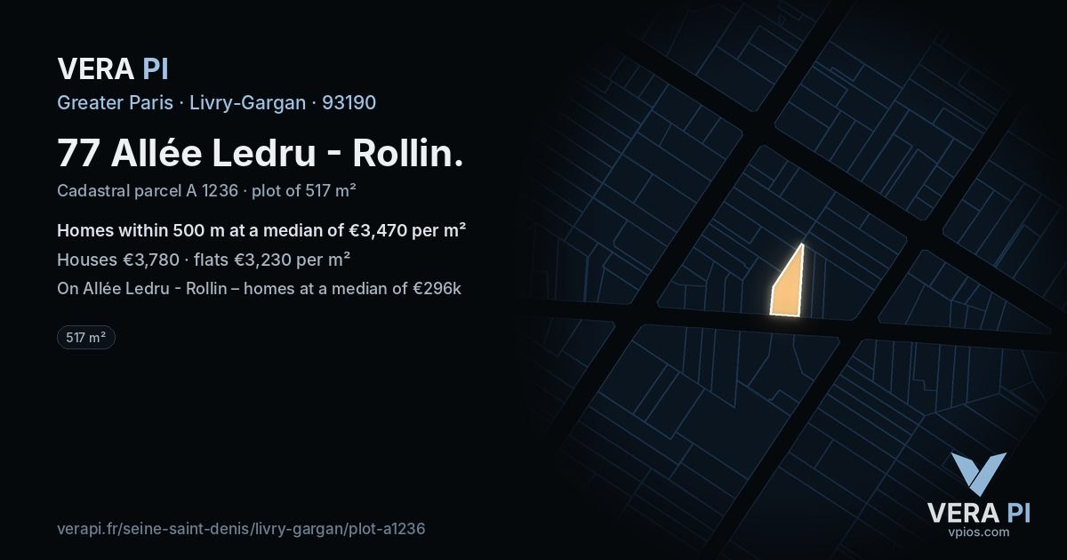 77 Allée Ledru - Rollin, Livry-Gargan at night – the plot lit, the parcels around coloured by the prices near them