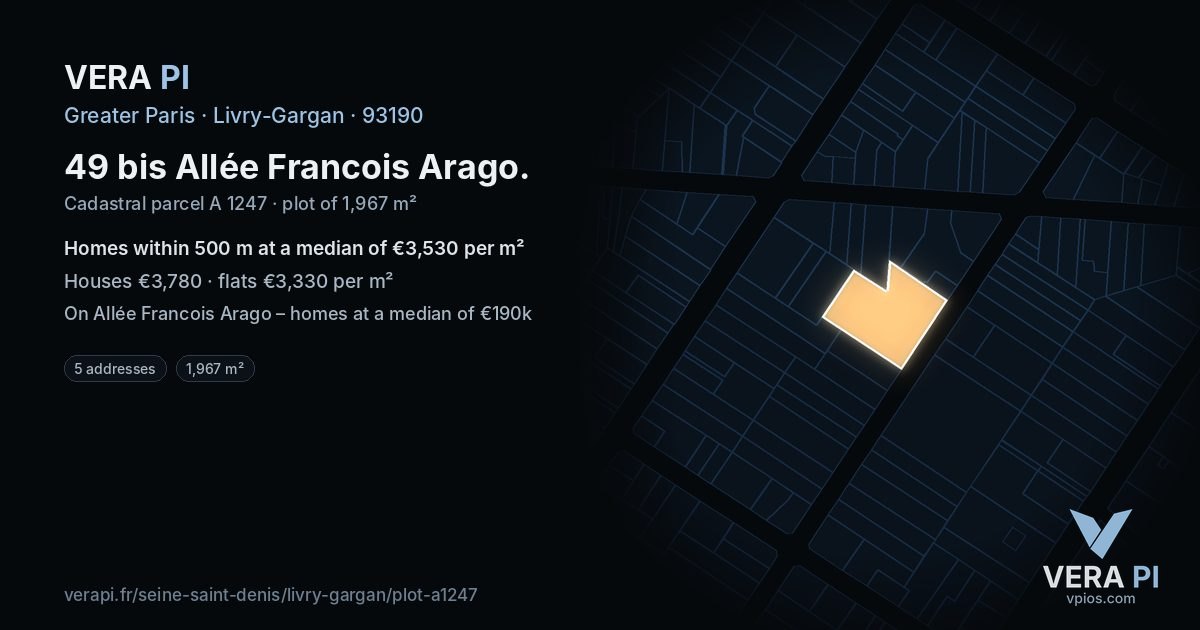 49 bis Allée Francois Arago, Livry-Gargan at night – the plot lit, the parcels around coloured by the prices near them