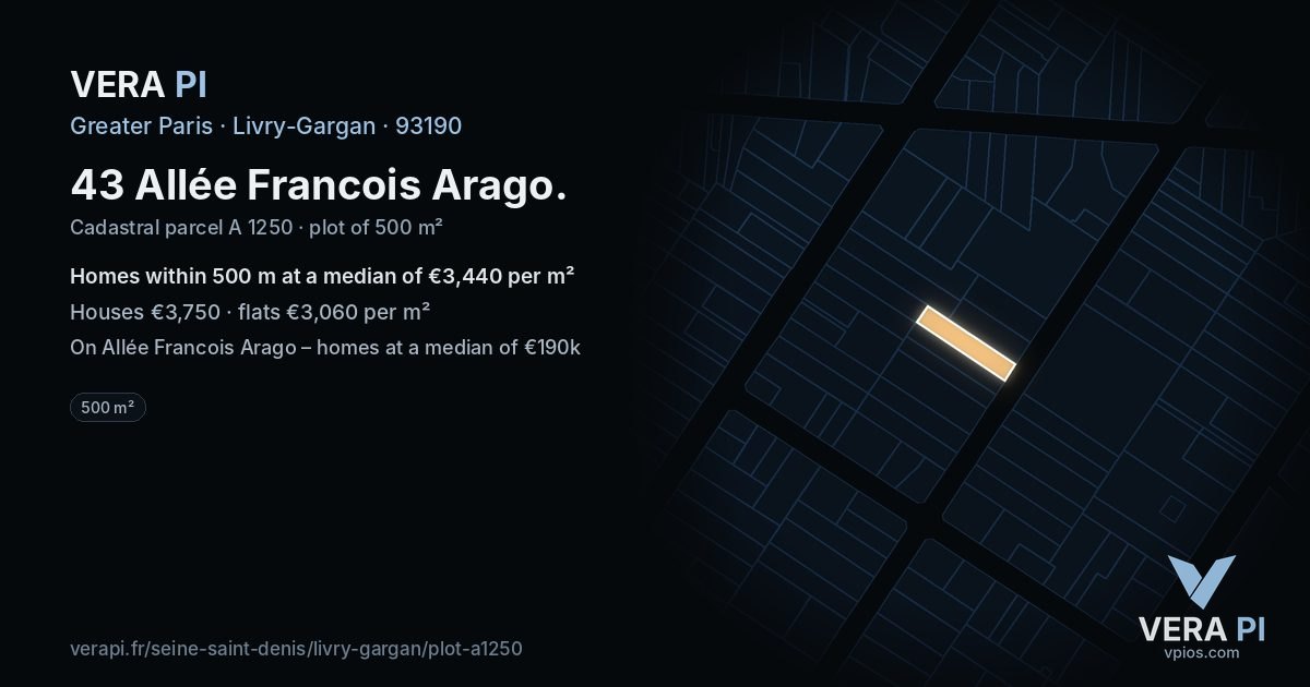 43 Allée Francois Arago, Livry-Gargan at night – the plot lit, the parcels around coloured by the prices near them