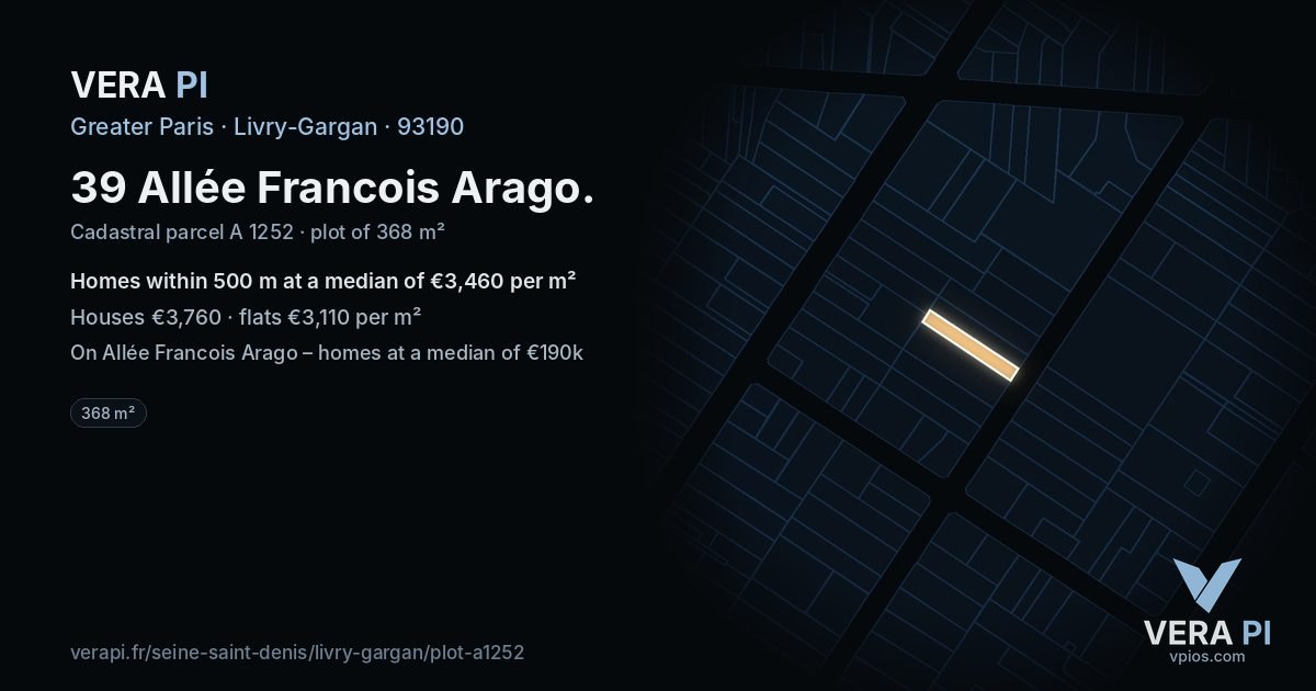 39 Allée Francois Arago, Livry-Gargan at night – the plot lit, the parcels around coloured by the prices near them