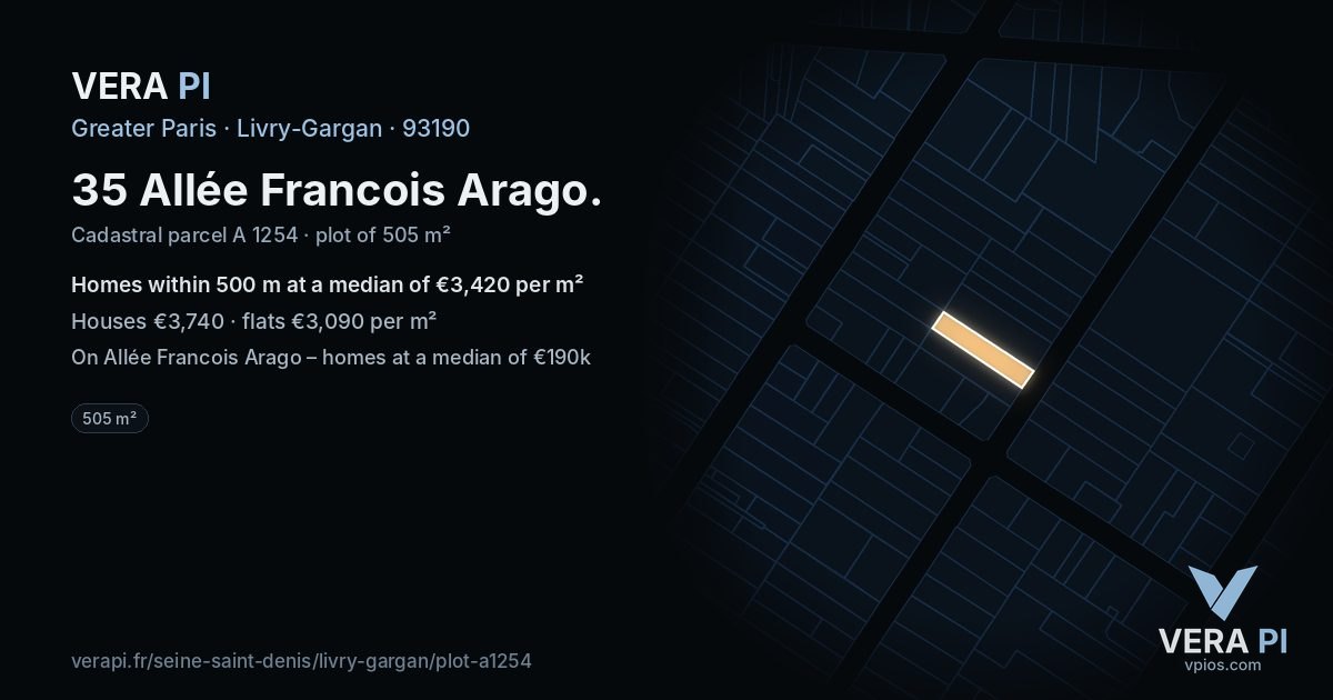 35 Allée Francois Arago, Livry-Gargan at night – the plot lit, the parcels around coloured by the prices near them