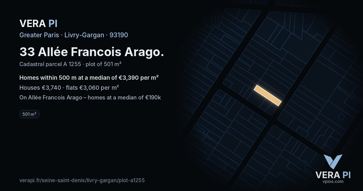 33 Allée Francois Arago, Livry-Gargan at night – the plot lit, the parcels around coloured by the prices near them