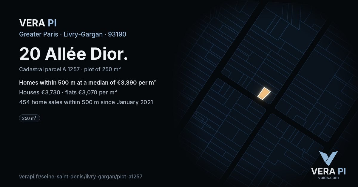 20 Allée Dior, Livry-Gargan at night – the plot lit, the parcels around coloured by the prices near them