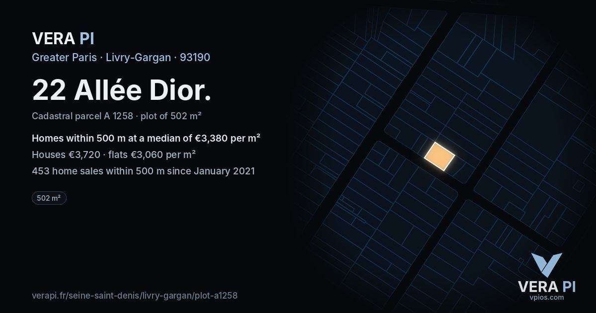 22 Allée Dior, Livry-Gargan at night – the plot lit, the parcels around coloured by the prices near them