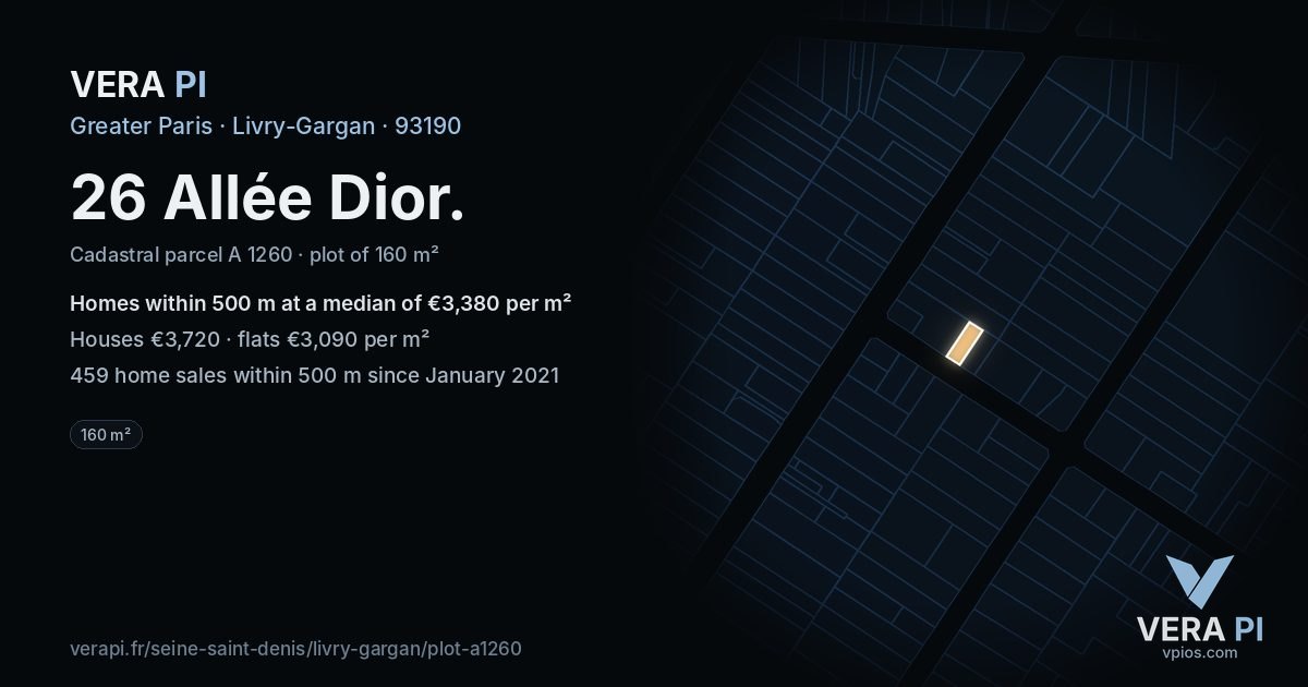 26 Allée Dior, Livry-Gargan at night – the plot lit, the parcels around coloured by the prices near them