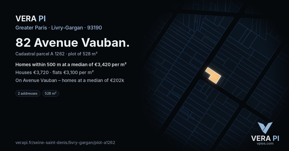 82 Avenue Vauban, Livry-Gargan at night – the plot lit, the parcels around coloured by the prices near them