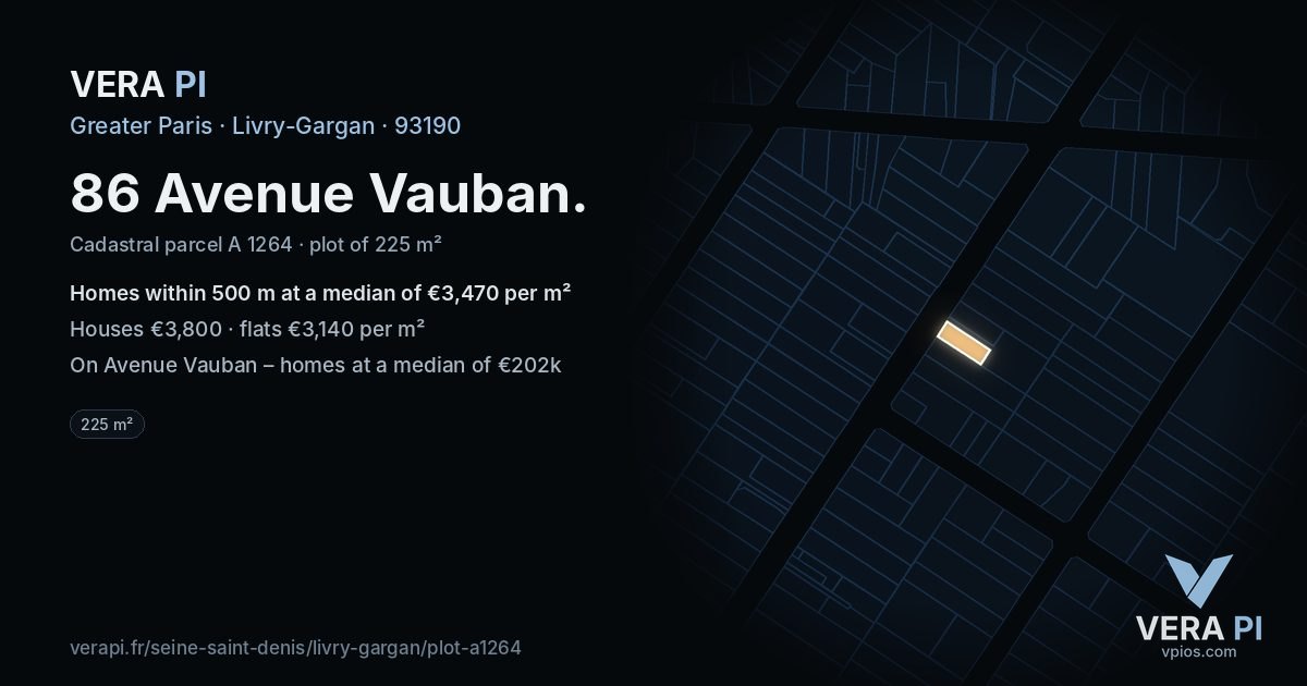 86 Avenue Vauban, Livry-Gargan at night – the plot lit, the parcels around coloured by the prices near them