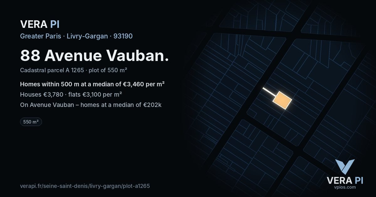 88 Avenue Vauban, Livry-Gargan at night – the plot lit, the parcels around coloured by the prices near them