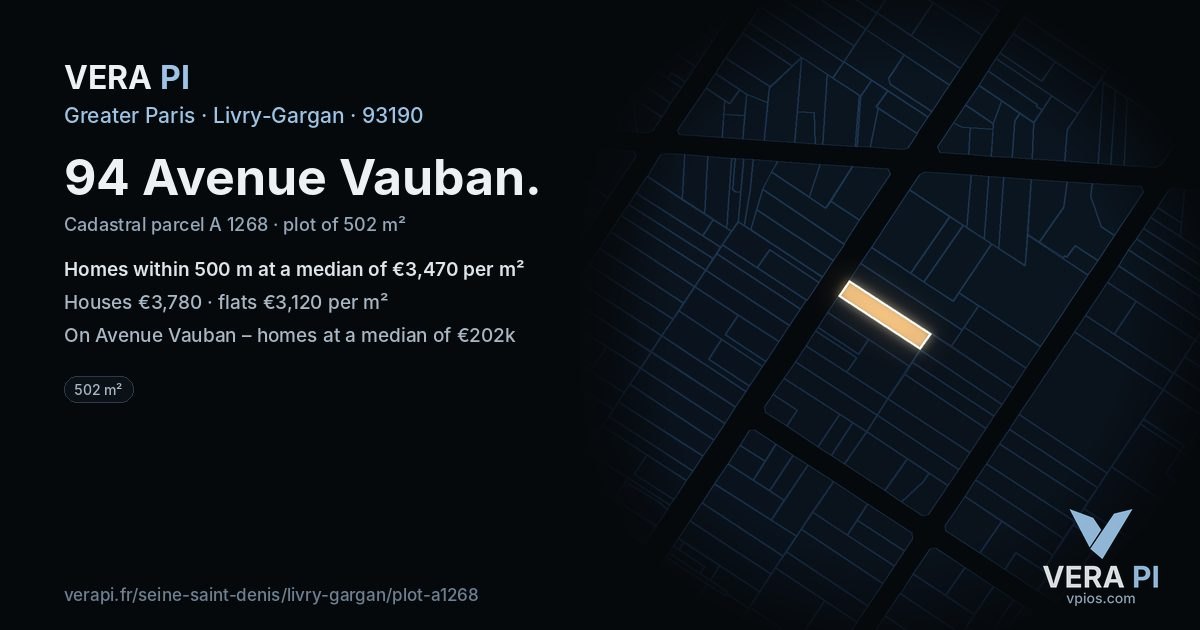 94 Avenue Vauban, Livry-Gargan at night – the plot lit, the parcels around coloured by the prices near them