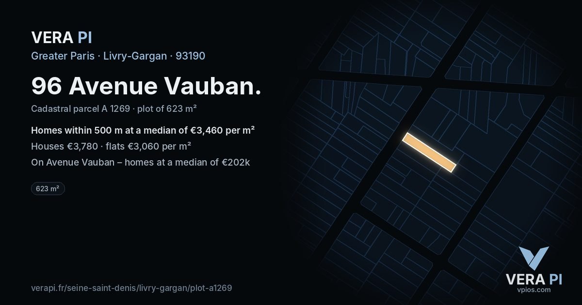 96 Avenue Vauban, Livry-Gargan at night – the plot lit, the parcels around coloured by the prices near them
