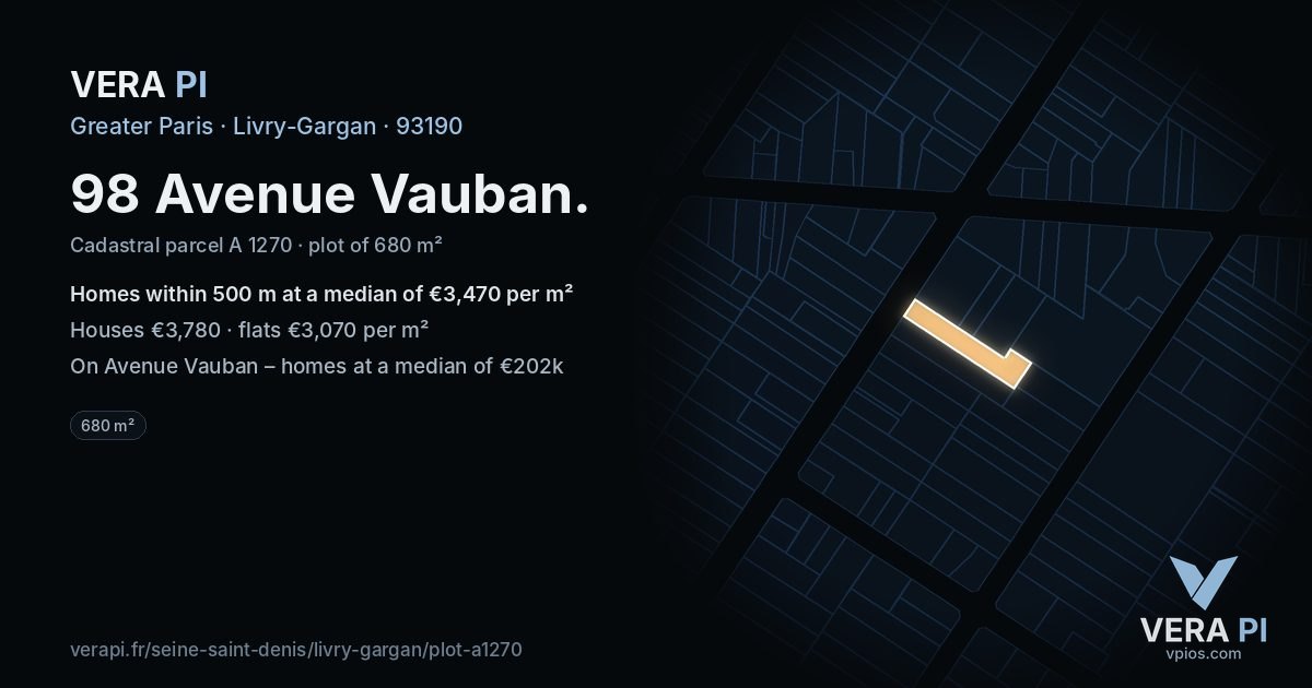 98 Avenue Vauban, Livry-Gargan at night – the plot lit, the parcels around coloured by the prices near them