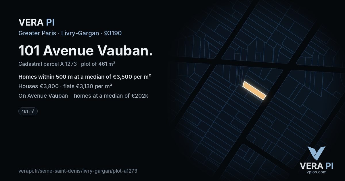 101 Avenue Vauban, Livry-Gargan at night – the plot lit, the parcels around coloured by the prices near them
