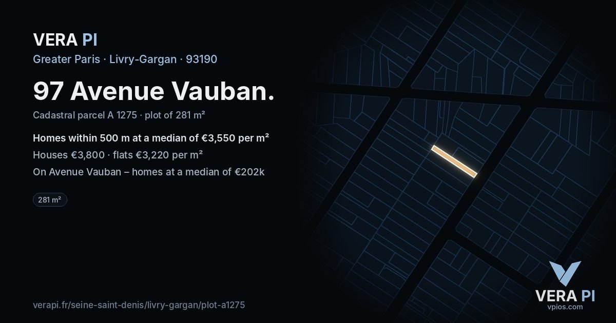 97 Avenue Vauban, Livry-Gargan at night – the plot lit, the parcels around coloured by the prices near them