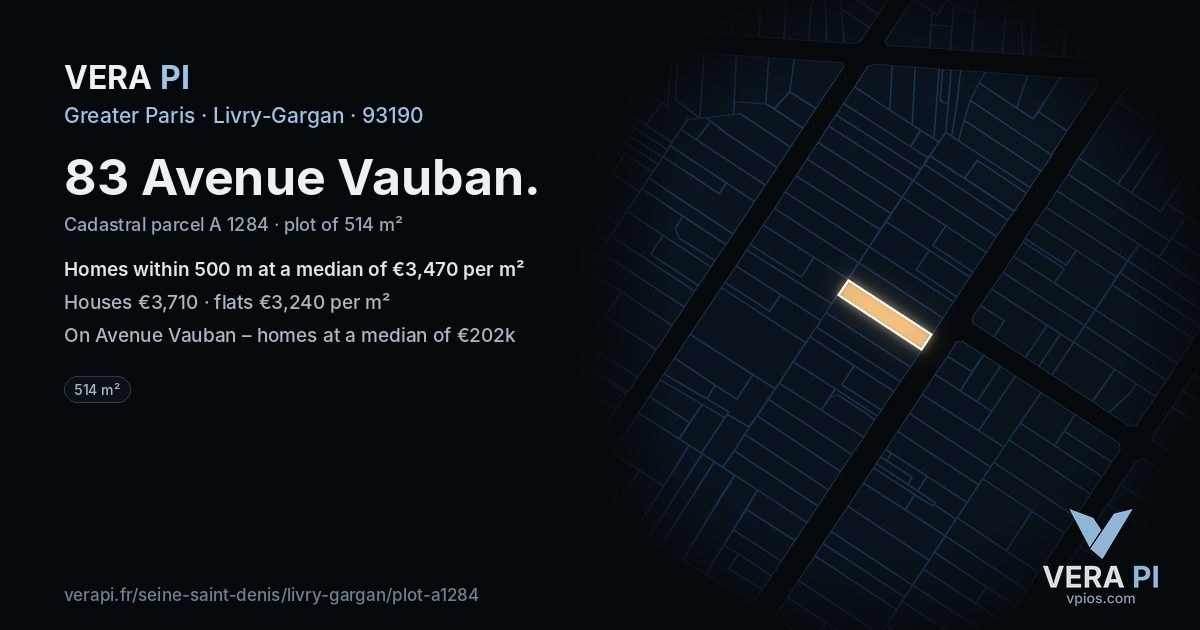 83 Avenue Vauban, Livry-Gargan at night – the plot lit, the parcels around coloured by the prices near them