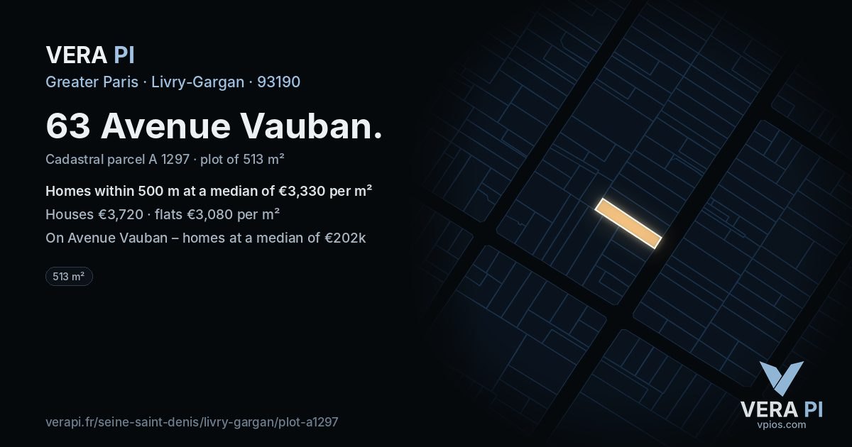 63 Avenue Vauban, Livry-Gargan at night – the plot lit, the parcels around coloured by the prices near them