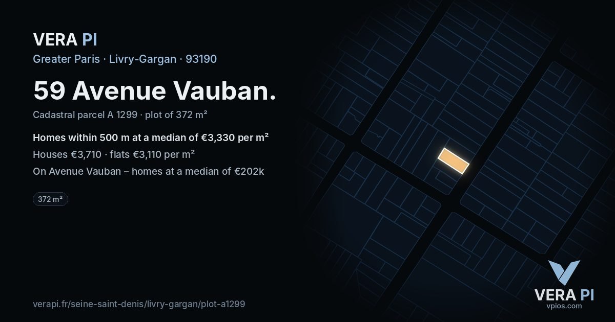 59 Avenue Vauban, Livry-Gargan at night – the plot lit, the parcels around coloured by the prices near them