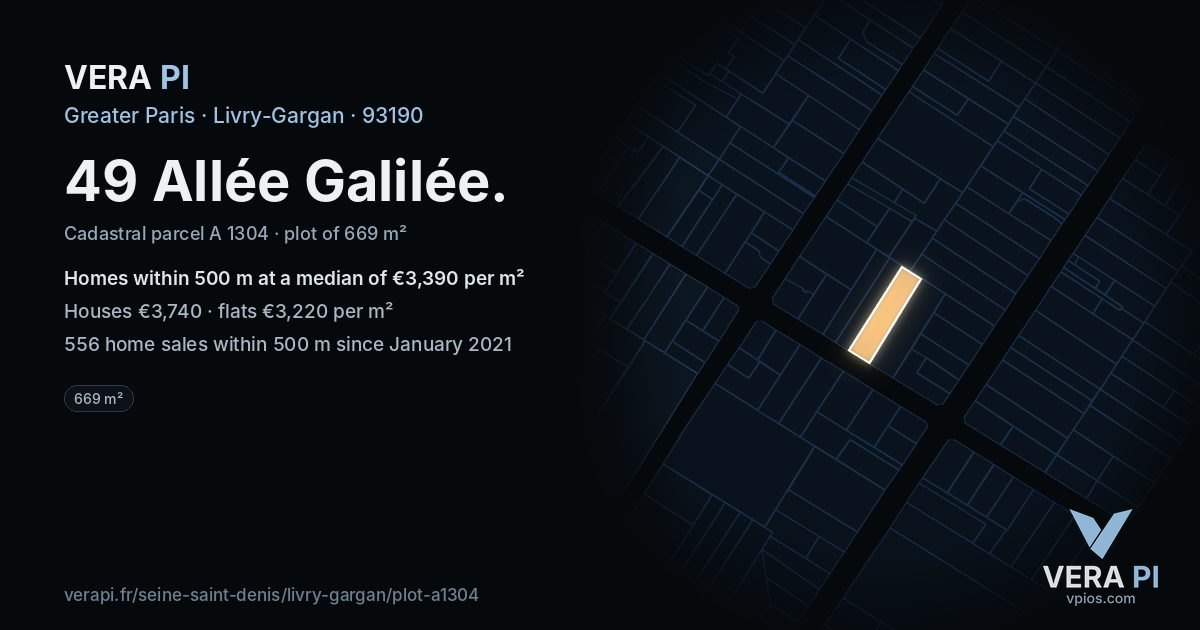 49 Allée Galilée, Livry-Gargan at night – the plot lit, the parcels around coloured by the prices near them