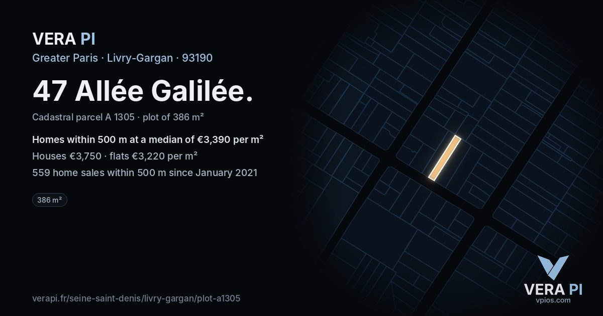 47 Allée Galilée, Livry-Gargan at night – the plot lit, the parcels around coloured by the prices near them