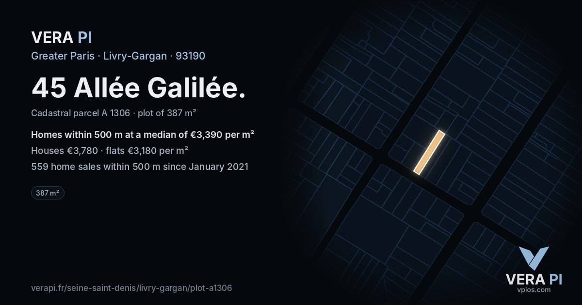 45 Allée Galilée, Livry-Gargan at night – the plot lit, the parcels around coloured by the prices near them