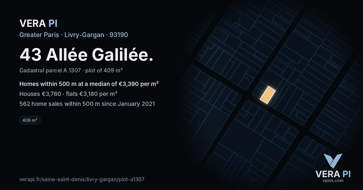 43 Allée Galilée, Livry-Gargan at night – the plot lit, the parcels around coloured by the prices near them