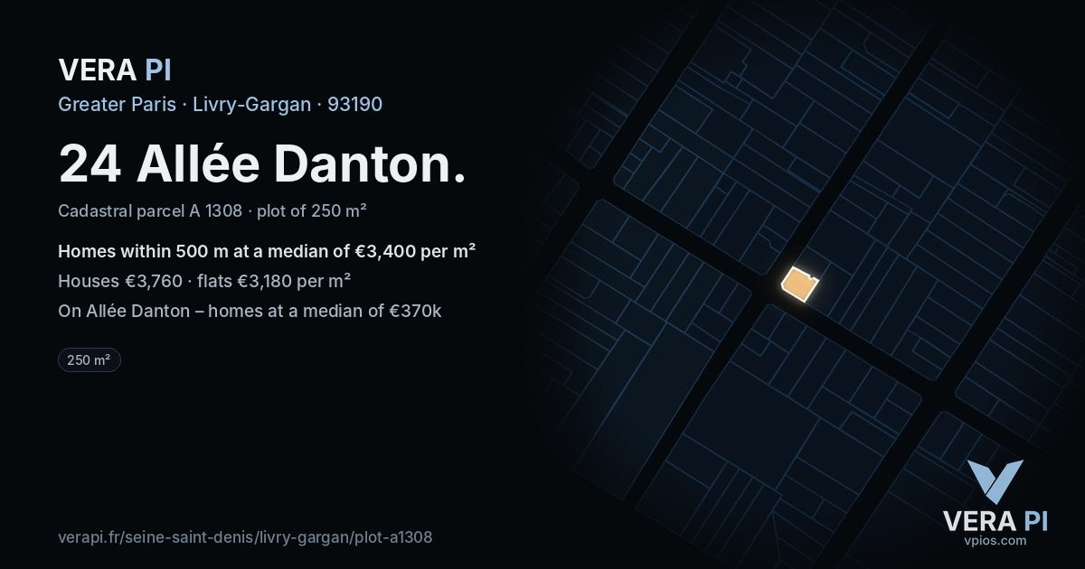 24 Allée Danton, Livry-Gargan at night – the plot lit, the parcels around coloured by the prices near them