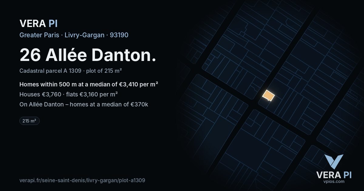 26 Allée Danton, Livry-Gargan at night – the plot lit, the parcels around coloured by the prices near them