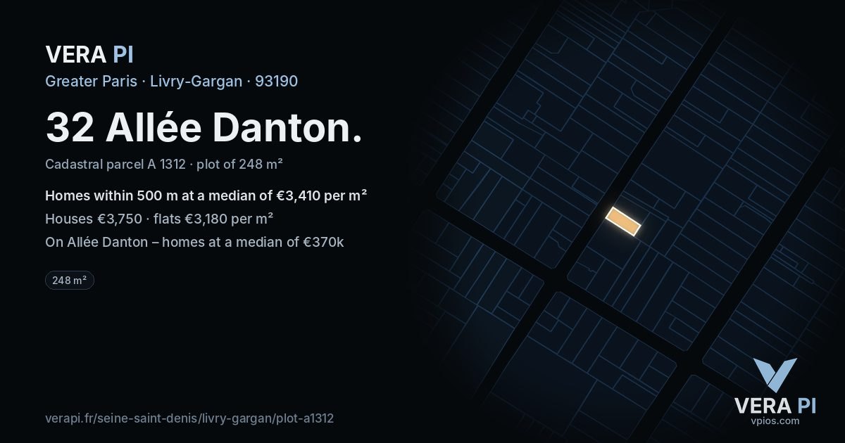 32 Allée Danton, Livry-Gargan at night – the plot lit, the parcels around coloured by the prices near them