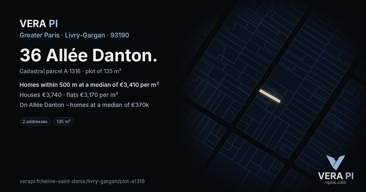 36 Allée Danton, Livry-Gargan at night – the plot lit, the parcels around coloured by the prices near them
