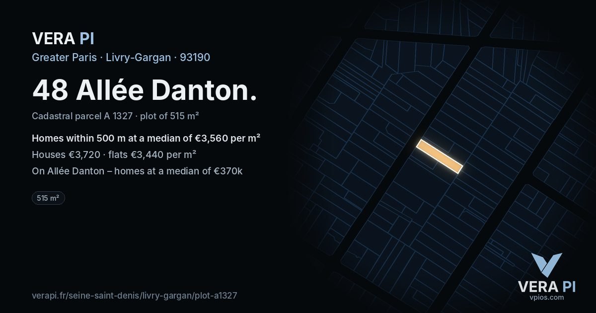48 Allée Danton, Livry-Gargan at night – the plot lit, the parcels around coloured by the prices near them