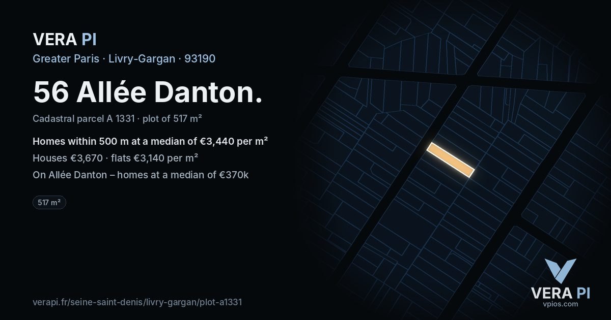 56 Allée Danton, Livry-Gargan at night – the plot lit, the parcels around coloured by the prices near them