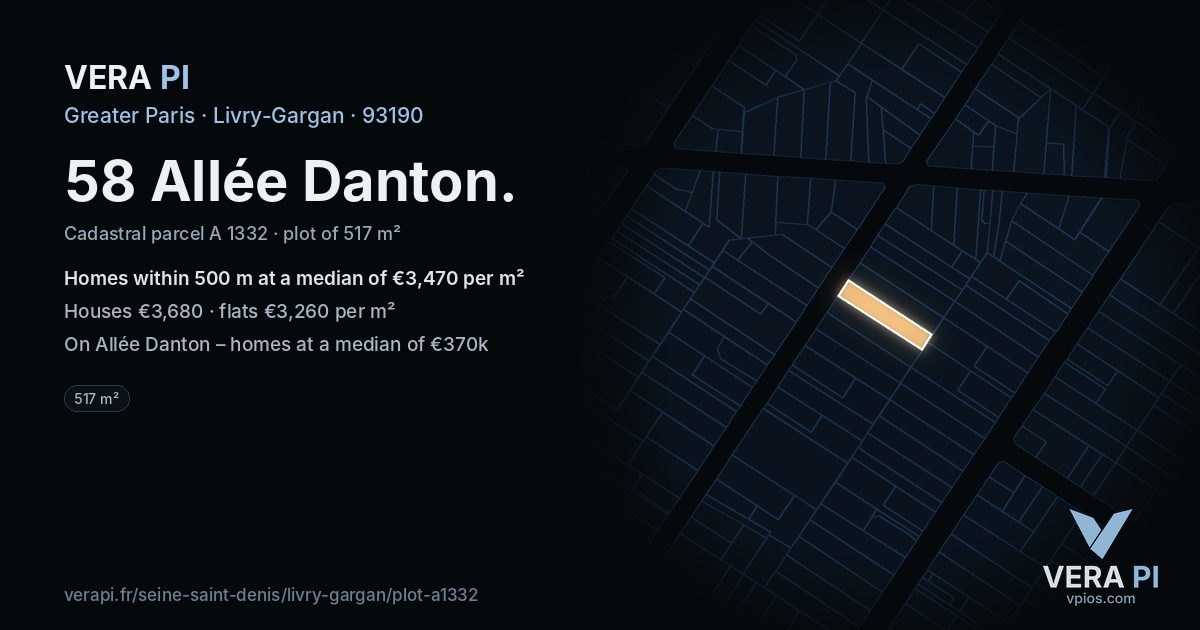 58 Allée Danton, Livry-Gargan at night – the plot lit, the parcels around coloured by the prices near them