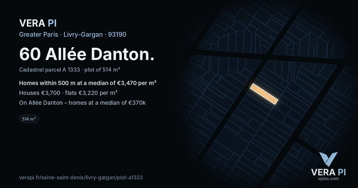 60 Allée Danton, Livry-Gargan at night – the plot lit, the parcels around coloured by the prices near them