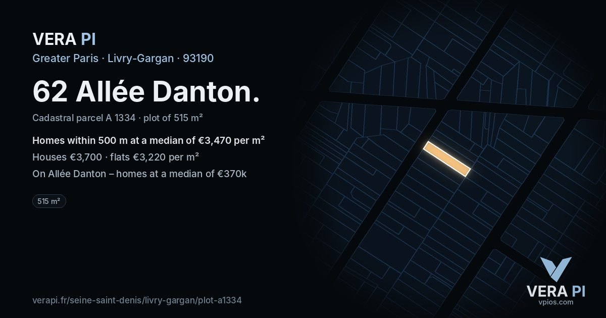 62 Allée Danton, Livry-Gargan at night – the plot lit, the parcels around coloured by the prices near them