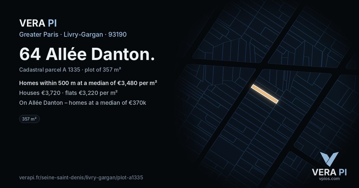 64 Allée Danton, Livry-Gargan at night – the plot lit, the parcels around coloured by the prices near them