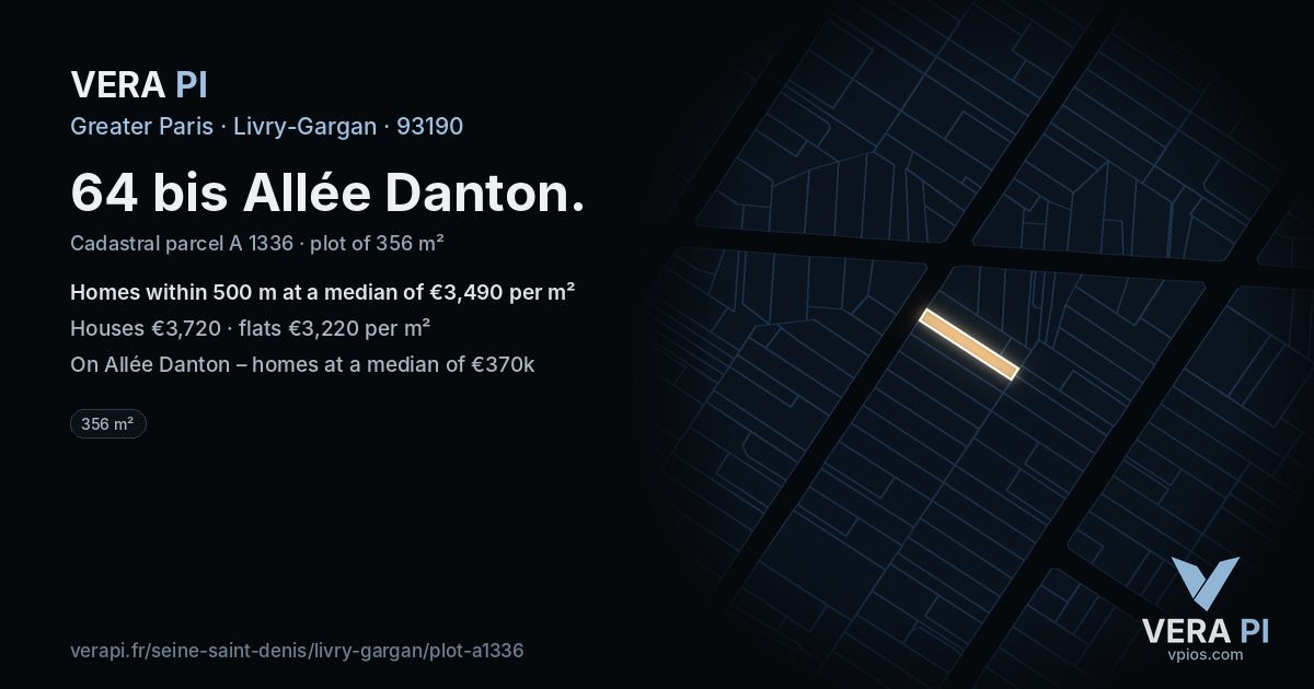 64 bis Allée Danton, Livry-Gargan at night – the plot lit, the parcels around coloured by the prices near them