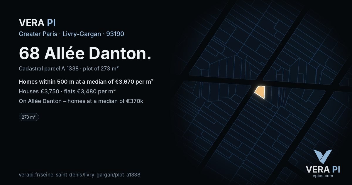 68 Allée Danton, Livry-Gargan at night – the plot lit, the parcels around coloured by the prices near them