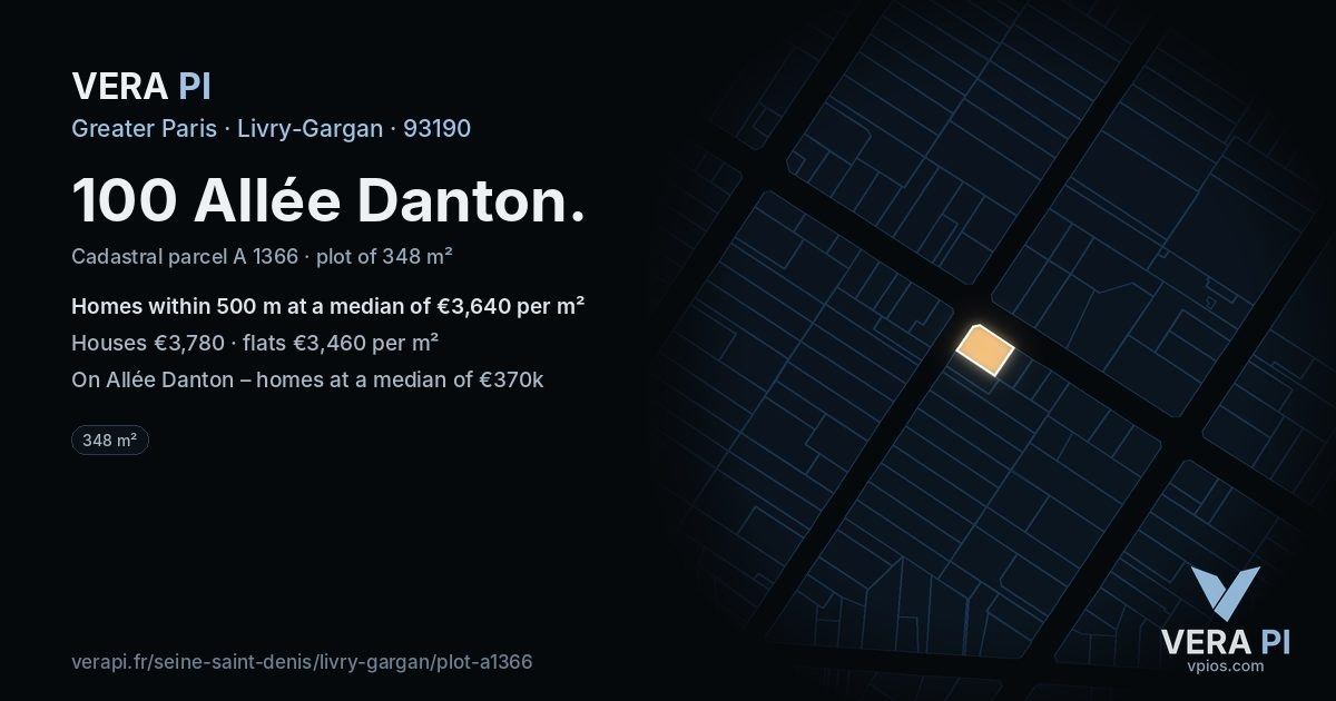 100 Allée Danton, Livry-Gargan at night – the plot lit, the parcels around coloured by the prices near them