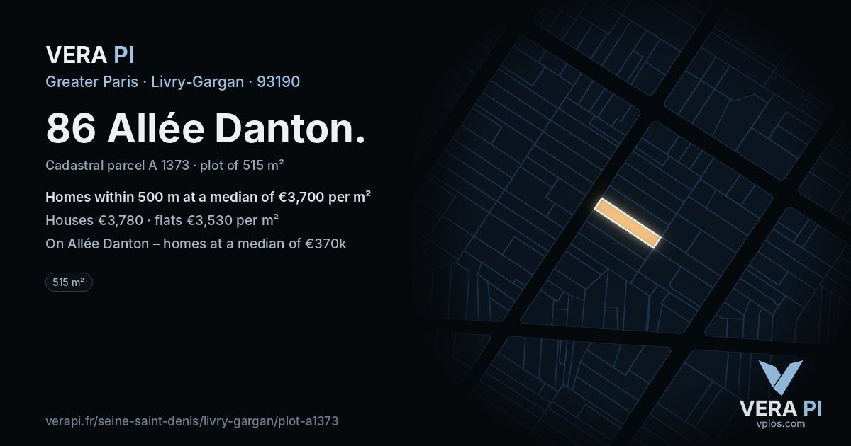 86 Allée Danton, Livry-Gargan at night – the plot lit, the parcels around coloured by the prices near them