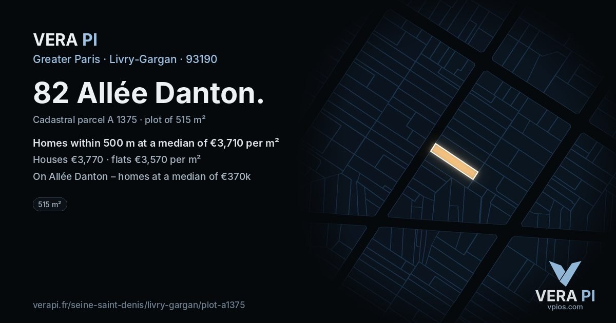 82 Allée Danton, Livry-Gargan at night – the plot lit, the parcels around coloured by the prices near them