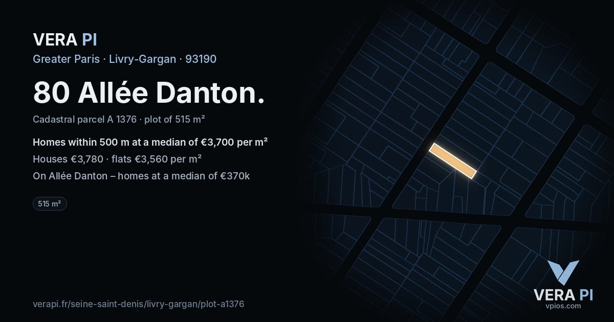 80 Allée Danton, Livry-Gargan at night – the plot lit, the parcels around coloured by the prices near them