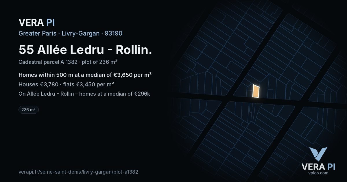 55 Allée Ledru - Rollin, Livry-Gargan at night – the plot lit, the parcels around coloured by the prices near them